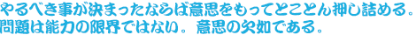 やるべき事が決まったならば意思をもってとことん押し詰める。問題は能力の限界ではない。意思の欠如である。